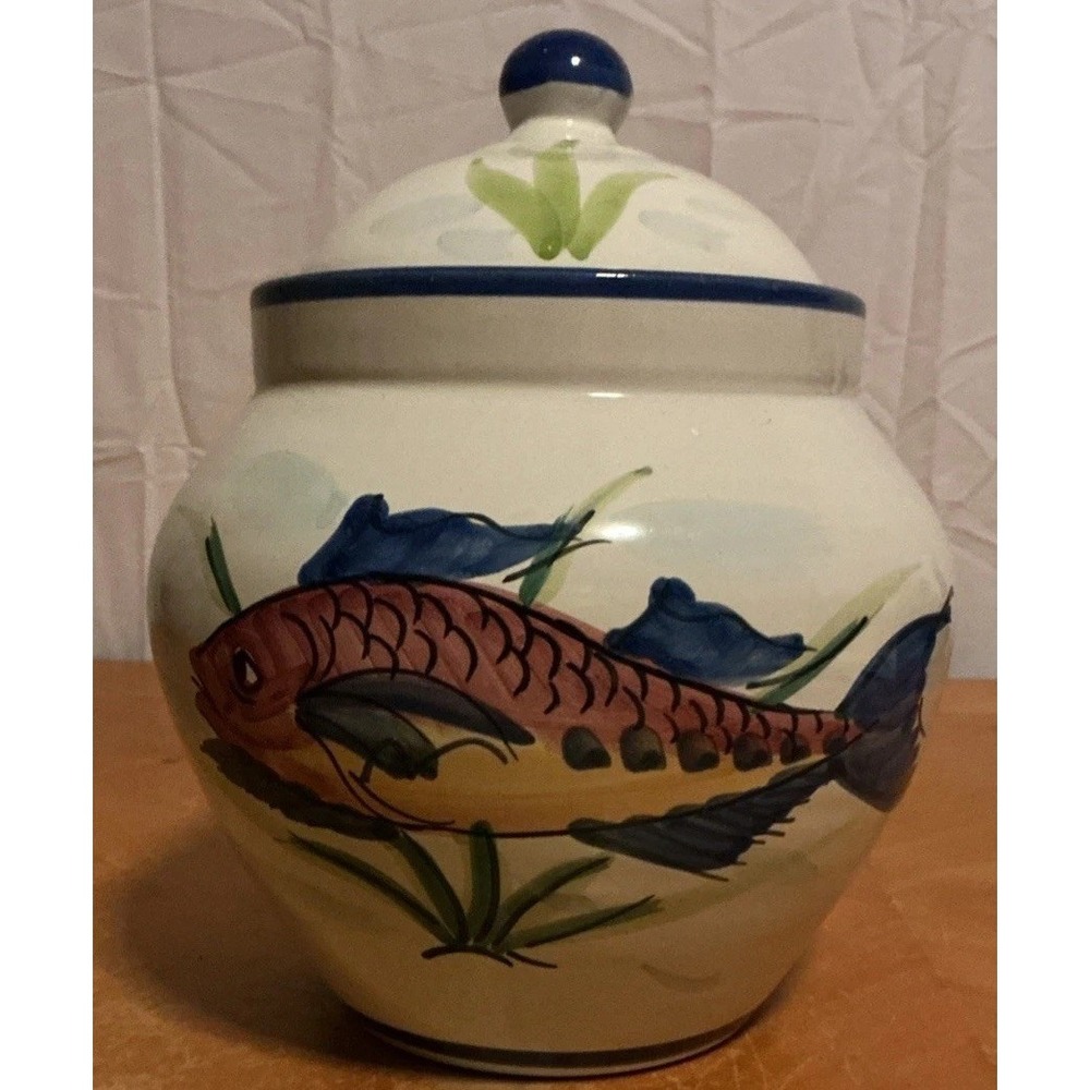 Vietri Al Mare Canister Italy Vintage Hand Painted Fish 8.75"